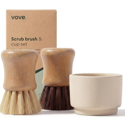 Vove Bamboo Dish Scrub Brush Set 3-Pack with Ceramic Holder - size: Brush & Cup Set - 1 Hard, 1 Medium