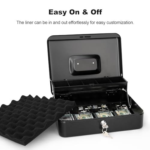 Cash Box with Key Lock & Foam Auto-Pop Coin Tray – Secure Steel Money Box with 4 Upgraded Finger-Safe Bill Clips, Premium Smooth Scratch-Resistant Coating, 11.8"L x 9.5"W x 3.5"H, KL Black - color: KL Black