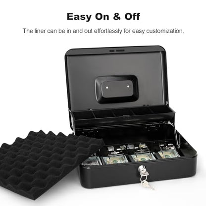 Cash Box with Key Lock & Foam Auto-Pop Coin Tray – Secure Steel Money Box with 4 Upgraded Finger-Safe Bill Clips, Premium Smooth Scratch-Resistant Coating, 11.8"L x 9.5"W x 3.5"H, KL Black - color: KL Black