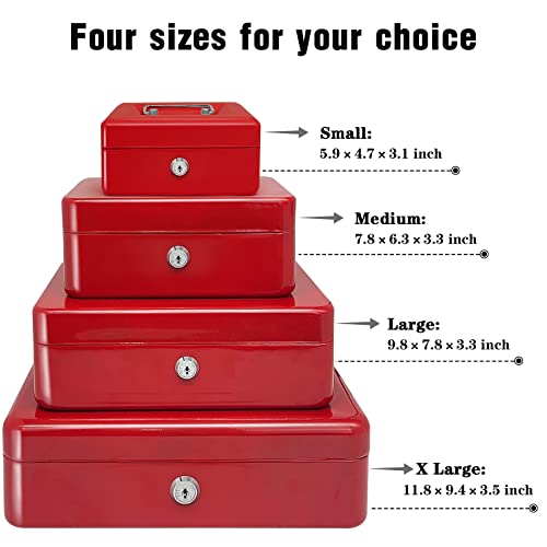 Steel Cash Box with Key Lock, Metal Small Money Organizer with Money Tray,Cash Storage Box with Lockable Cover (Red - 8 inch) - color: Red - 8 inch