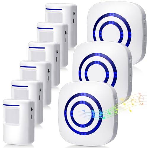 Mimorou Motion Sensor Alarm Wireless Driveway Alarm Indoor Home Motion Detector Long Range Security Alert Monitor System with 6 Sensor and 3 Receiver, 38 Chime Tunes and LED Indicators