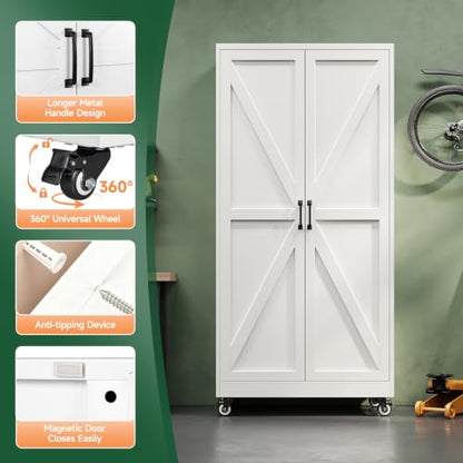 Letaya Metal Garage Storage Cabinet with Wheels,71" White Tool Steel Locker - color: White, size: 15.8”D x 32”W x 71”H