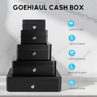 Cash Box with Money Tray and Lock, Metal Money Box for Cash Register, Large Cash Lock Box for Money Safe Includes 5 Slots Coin Tray, 4 Bill Slots, 4 Keys, 11.8" x 9.4" x 3.54" Black - color: Black with 4 Keys