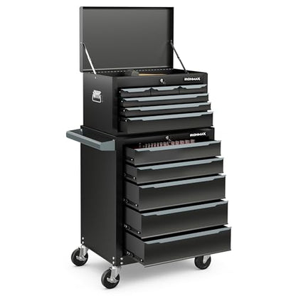 Goplus Rolling Steel Tool Chest, 11-Drawer Heavy-Duty Tool Storage Cabinet with Hanging Holes, Central Keyed Locking System, Ball-Bearing Slides & Lockable Wheels, Tool Box Organizer for Garage - style: Tool Box + Chest