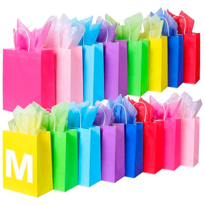 BLEWINDZ 32Pcs 10.6" Medium Gift Bags with Tissues, Paper Party Favor Bags with Handles, Rainbow Goodie Bag for Birthday, Wedding, Party Supplies - color: 02-8cols-M