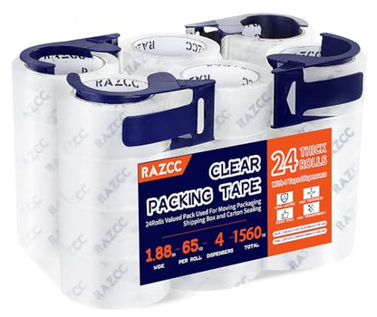 RAZCC Packing Tape, 24 Rolls Clear Heavy Duty Packaging Tape with Dispensers for Packing Shipping Moving Mailing, Thicker Sealing Tape -1.88" x 65 Yards Per Roll, 1560 Total Yards - size: 1.88"-24 Rolls