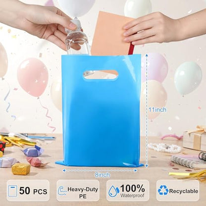 VieFantaisie 50 PCS Blue Party Favor Bags, 8" x 11" Goodie Bags for Candy Treat Craft Easter Egg, Plastic Gift Bag with Die Cut Handles for Birthday Party, School Events & Small Business, Wedding - color: Blue-50PCS-8x11Inch