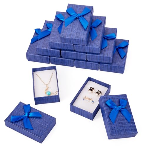 Craftdady 12 pcs Jewelry Gift Box Set Empty Packaging Cases with Bowknot Rectangle Cardboard Paper Jewelry Boxes with Lid for Necklaces Rings Earrings Pendants Displaying (Blue) - color: Blue