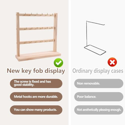 2 Pack Keychain Display Stand, Wooden Key Holder Display for Vendor Booth, Retail Store, Home Organization for Jewelry, Badges, Accessories (30 hooks)