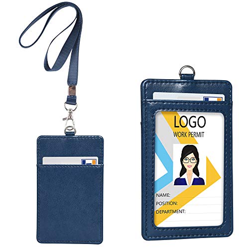 Teskyer Badge Holder with Lanyard, Leather ID Name Badge Card Holder with Lanyard for ID Badges, Vertical Blue - color: Blue, size: Vertical