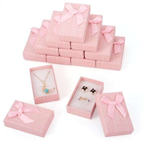 Craftdady 12 pcs Jewelry Gift Box Set Empty Packaging Cases with Bowknot Rectangle Cardboard Paper Jewelry Boxes with Lid for Necklaces Rings Earrings Pendants Displaying (Pink) - color: Pink