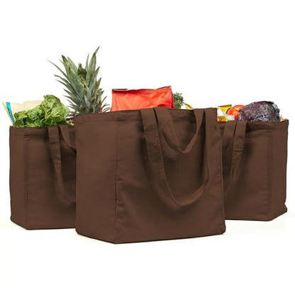 VeraMia Canvas Grocery Bag 3pc XL Set with Real Pockets, Long Shoulder Strap and Short Handle. Heavy Duty, Foldable, Washable - color: Dark Chocolate
