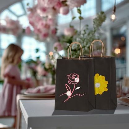 Joybe 100 Pack 5.95x3.25x8 Inch Small Black Paper Bags with Handles Bulk, Kraft Paper Gift Bags for Birthday Party Favors Grocery Retail Shopping Business Goody Merchandise Craft Blank Sacks (100pcs)