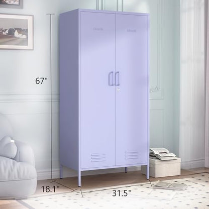 Metal Armoire Wardrobe Closet, 67" Tall Purple Lockable Wardrobe Cabinet with 2 Doors, Hanging Rod and Adjustable Shelves, Steel Clothing Storage Cabinet for Bedroom, Home, Cloak Room, Gym, Office - color: Lilac, style: Wardrobe-67"H-JS