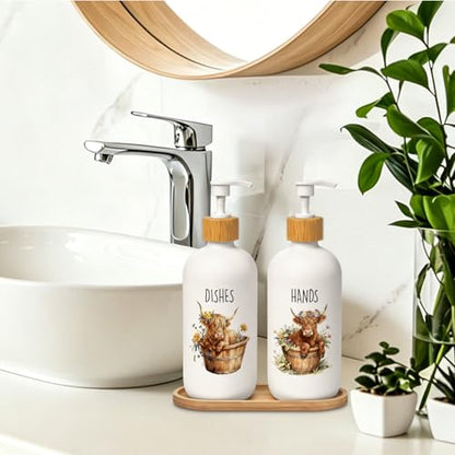 Highland Cow Farmhouse Hand and Dish Soap Dispenser Set, Highland Cow Lover Gifts Glass Soap Dispenser for Kitchen, Floral Heifer Refillable Handsoap Pump Bottle for Bathroom Countertop - color: Highland Cow Set of 2