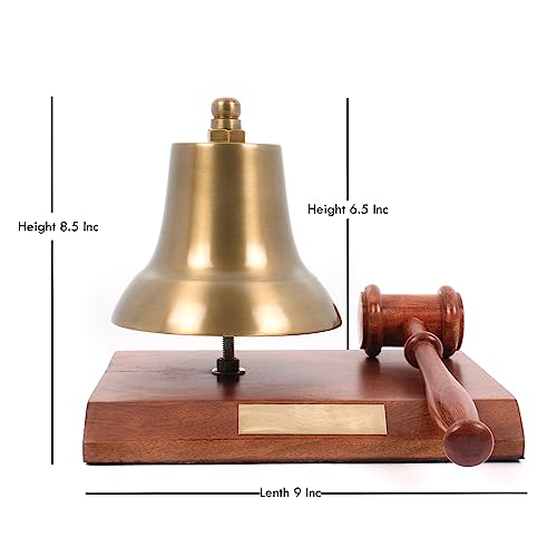 Deluxe Antiqued Brass Stock Market Desk Bell on Wooden Base with Hammer, 8.5 x 9 x 7 inches