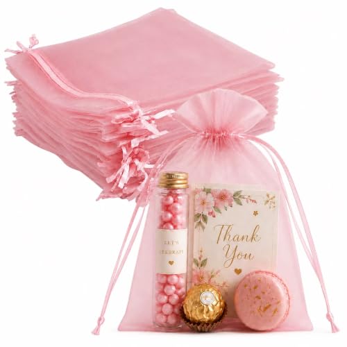 Jexila 100PCS Blush Pink Organza Gift Bag 5X7 Mesh Drawstring Jewelry Pouch - color: Blush Pink