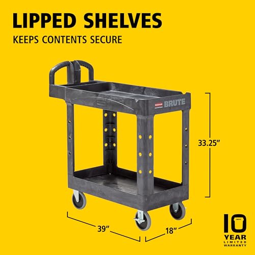 Rubbermaid Commercial Products 2-Shelf Utility/Service Cart, Small, Lipped Shelves, Ergonomic Handle, 500 lbs. Capacity, for Warehouse/Garage/Cleaning/Manufacturing - color: Black, size: Small, style: 2-Shelf