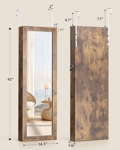 Nicetree 6 LEDs Mirror Jewelry Cabinet, Wall/Door Mounted,Rustic Brown - color: Rustic Brown