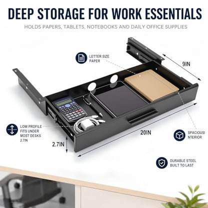 Menkxi 20 x 9 in Under Desk Drawer,Slide out Storage Organizer Heavy Duty - size: 20 x 9 in
