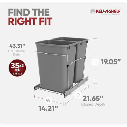 Rev-A-Shelf Double Pullout Garbage Trash Cans for Kitchen Cabinets, 35 Qt - color: Metallic Silver
