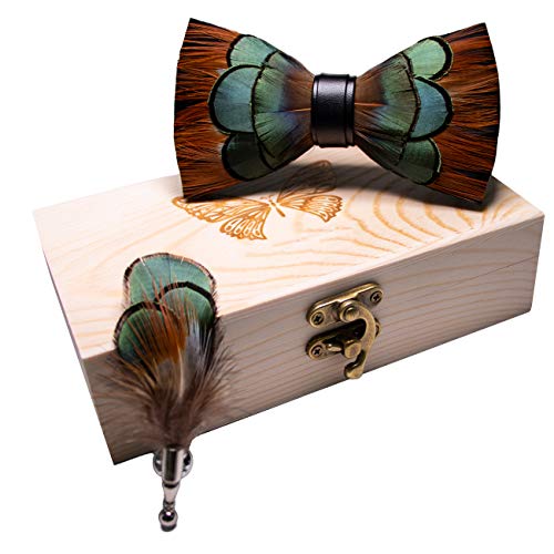 RBOCOTT Handmade Feather Pre-tied Bow tie and Brooch Sets for Men - color: Orange/Green