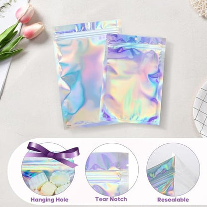 100Pcs Holographic Packaging Bags, 2.7x3.9 inch Resealable Foil Pouch - size: 100Pcs-2.7x3.9 Inch