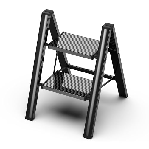 2 Step Ladder, Foldable Aluminum Step Stool with Anti-Slip Pedal - color: Black, size: 2 Step