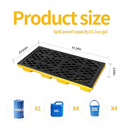Modular 2 Drum Spill Pallet, 48x24x4 Inch, 2000 lbs Capacity, Heavy-Duty Forkliftable Containment Tray for Industrial Oil & Chemical - size: 48x24x4in