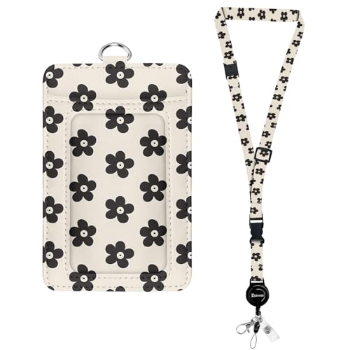 bolimoss Cute Flowers Badge Holders, Leather ID Name Badge Card Holder with Swivel Metal CLAS - color: Black Groovy Flowers