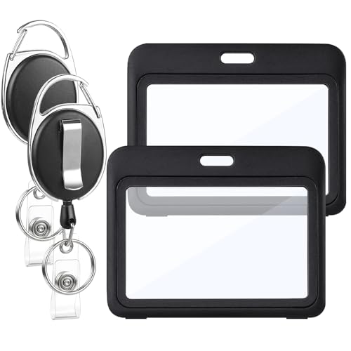 2 Pack Retractable Badge Holder with Horizontal Id Card Holder, Black - style: 2 Set Horizontal Double-Sided Windows