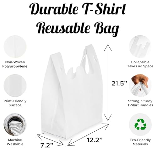 Simply Cool 200 Pack Reusable Grocery Bags, T-Shirt Tote Bags Bulk, White - color: White