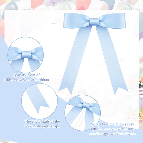 Riceshoot 24 Pcs Baby Blue Satin Ribbon Bows Twist Tie 5x7'' for Gift - color: Baby Blue