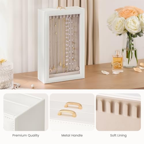 Lolalet Necklace Organizer Box, Jewelry Display Case, White, 2 Layers - color: White, size: 2 Layers, 20 Hooks