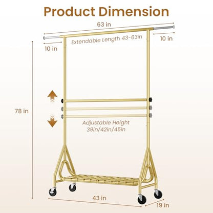 Heavy Duty Clothes Rack for Hanging Clothes, Double Rods Clothing Rack with Lockable Wheels, Rolling Garment Racks with Shelf, Easy to Assemble, Gold - color: Gold, size: Doule Rods