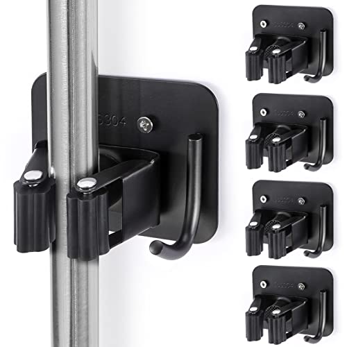 Stainless Steel Broom Holder, Heavy Duty, Rust Resistant, 4 Gripper Positions with 4 Hooks, Black - color: Black