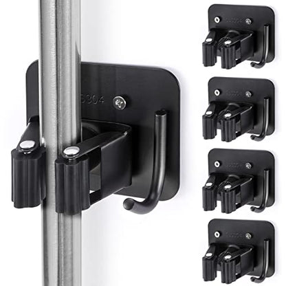 Stainless Steel Broom Holder, Heavy Duty, Rust Resistant, 4 Gripper Positions with 4 Hooks, Black - color: Black