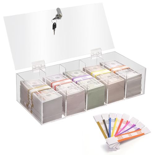 Acrylic Locking Currency Tray With 300 Currency Wrappers, 5 Compartment Clear Cash Organizer Money Storage Box with Lockable Cover for Cash, Moneyboxes Currency Cash Holder for Money