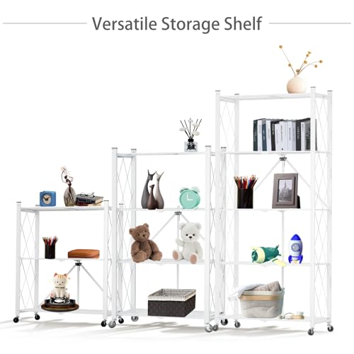 5-Tier Folding Shelf with Wheels No Assembly Portable Shelves - color: White, size: 5 Tier