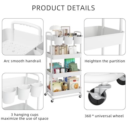 JIUYOTREE 4-Tier Plastic Rolling Storage Cart Utility Cart White - color: White, size: 4-Tier