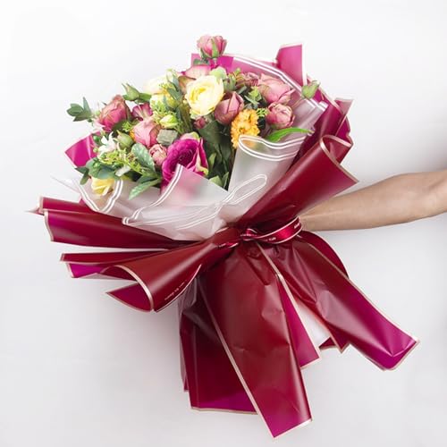 Tenare Flower Wrapping Paper and Ribbon Set 36 Sheets Bouquet Wrapping Paper with 50 Yards Double Face Satin Ribbon for Flower Gift DIY, Florist Supplies(Red) - color: Red
