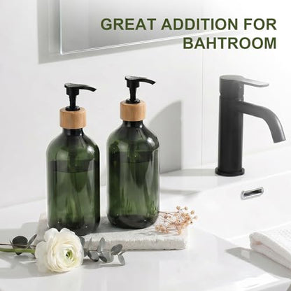 KASUNTING Green Soap Dispenser, Plastic Bathroom Soap and Lotion Dispenser Set with Bamboo Pump, 2 Pack 17 Fl Oz Hand and Dish Soap Dispensers Set for Bathroom, Refillable Liquid Soap Bottles - color: Olive Green, size: 2 Bottles