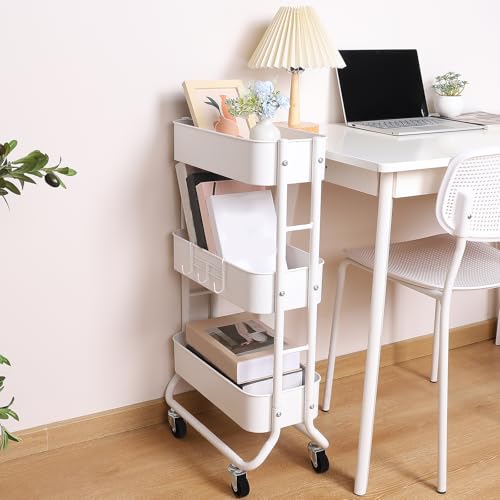 MAX Houser Slim 3-Tier Rolling Utility Cart with Extra Hook, White - color: White, size: 3-Tier Narrow Cart