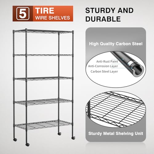 FDW | 5-Tier Wire Shelf with Wheels | 30" x 14" x 61" | Black - color: Black, size: 5-Shelf With Wheels