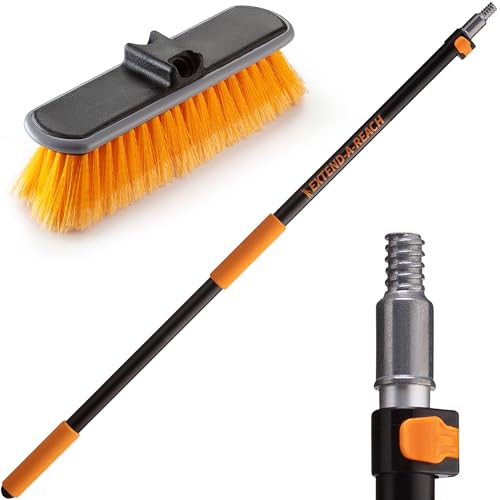 5-8 ft Long Telescopic Extension Pole with Medium Bristle Deck Scrub Brush - Composite Deck Cleaning Head & Vinyl Siding, Boat Scrub Brush, Roof Broom with Extension Pole