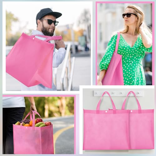 Boao 48 Pack Reusable Grocery Bags 13''L x 9.4''W x 15''H Large Foldable Shopping Tote Bag Non Woven with Handle and Button - color: Pink