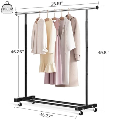 VICERII Clothing Rack, 55.51 Inch Heavy Duty Clothes Rack Rolling Garment Rack with Wheels and Bottom Shelf, 130LB Capacity Clothes Racks for Hanging Clothes, Coats, Shirts, Sweaters, Skirts, Black - color: Black, size: Single