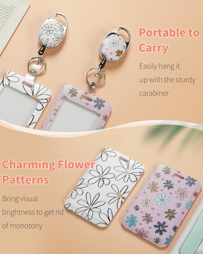 Uniclife 2 Pack Floral Sliding Badge Holder Vertical Flower Plastic Card Case Protector with Retractable Badge Reel Carabiner for Office School ID Credit Proximity Key Women Nurse Teacher Student - color: Pink & Beige Base Daisy