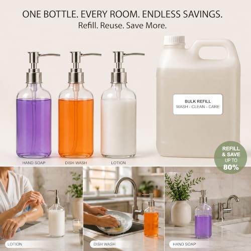 Refillable Clear Soap Dispenser Bottles with Pump, 16 oz (3 Pack) | BPA-Free Plastic Boston Round Containers for Hand Soap, Lotion, Shampoo, Kitchen & Bath