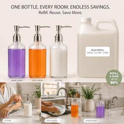 Refillable Clear Soap Dispenser Bottles with Pump, 16 oz (3 Pack) | BPA-Free Plastic Boston Round Containers for Hand Soap, Lotion, Shampoo, Kitchen & Bath